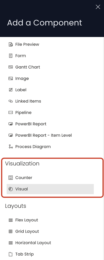 A screenshot of the &quot;Add a component&quot; panel. The screenshot is annotated with a red box to highlight the location of the &quot;Visualisation&quot; section.